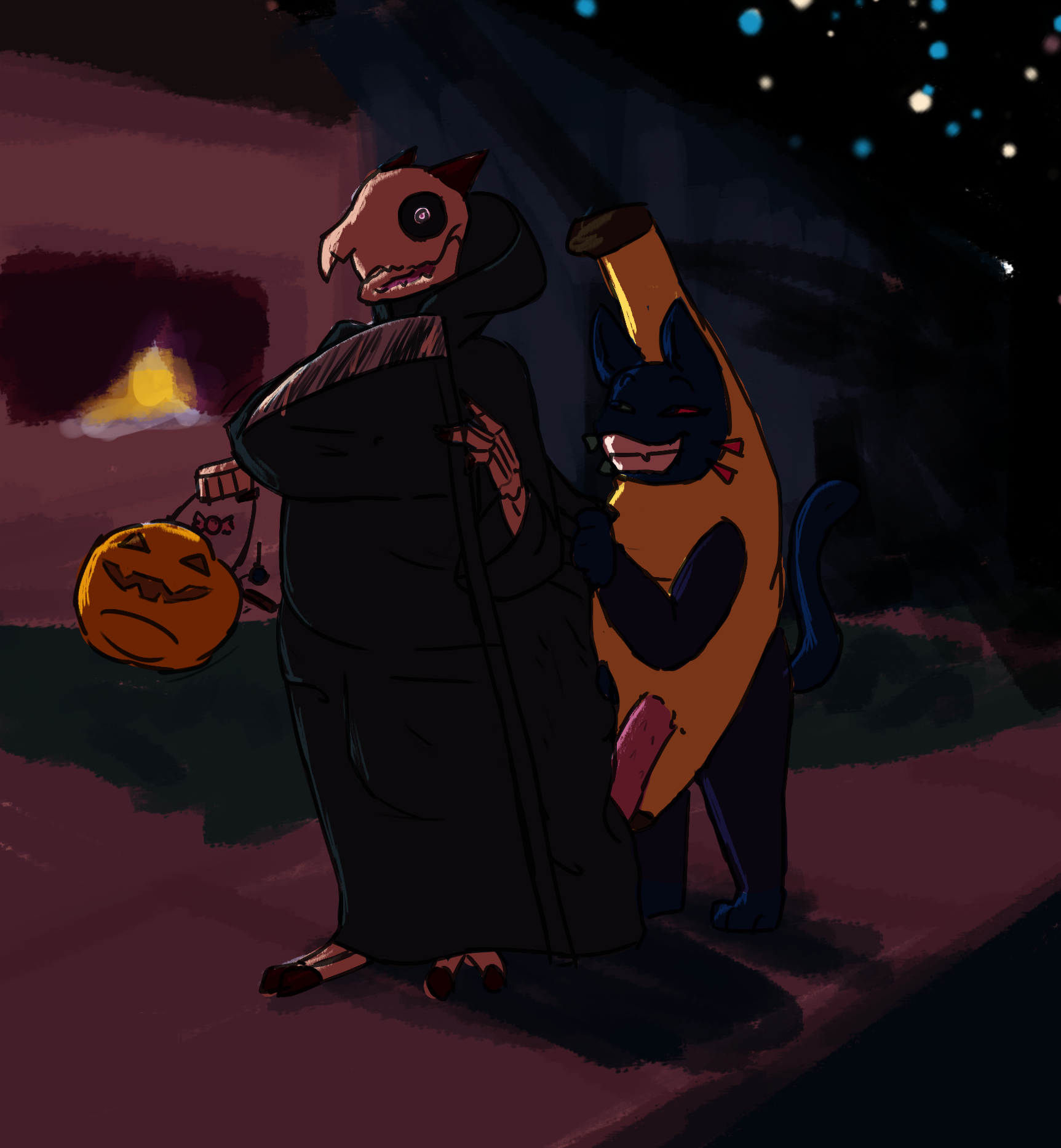 Dakota dressed as Death trick-or-treating with her friend Blip in a banana costume, Blip is pulling back Dakota's robe to reveal her busty figure. Blip's cock is also poking through her costume